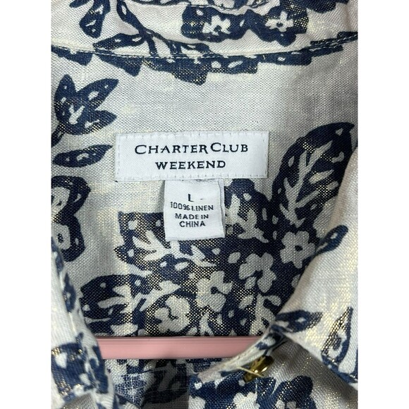 Charter Club Weekend Linen Shirt L Metallic Floral Paisley Casual Button Down - Picture 10 of 14